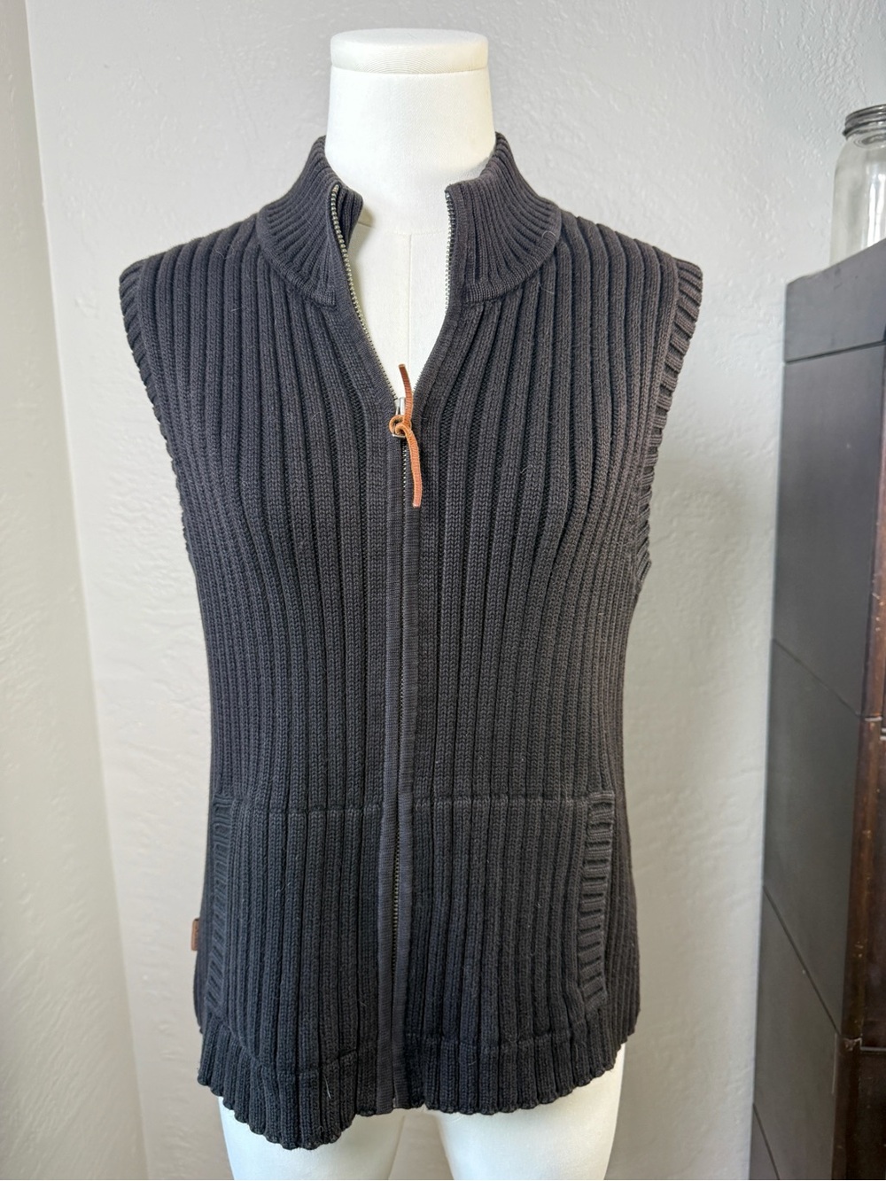 Lauren Ralph Lauren Black Ribbed Full Zip Sweater Vest Cotton Size M